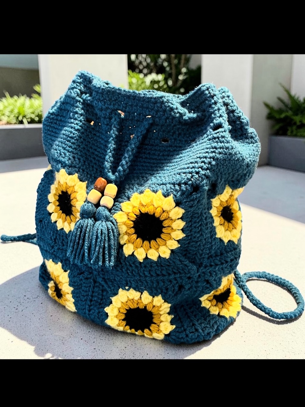 Handmade Crochet Sunflower Drawstring Backpack Purse Teal Boho